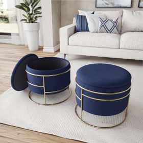 Elegant Round Storage Ottoman with Gold Frame, Blue
