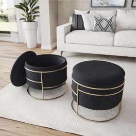 Elegant Round Storage Ottoman with Gold Frame, Black