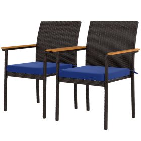 Outsunny Stackable Patio Wicker Dining Chair Set of 2 with Cushions, Backrest, Armrests for Deck, Garden, Navy Blue
